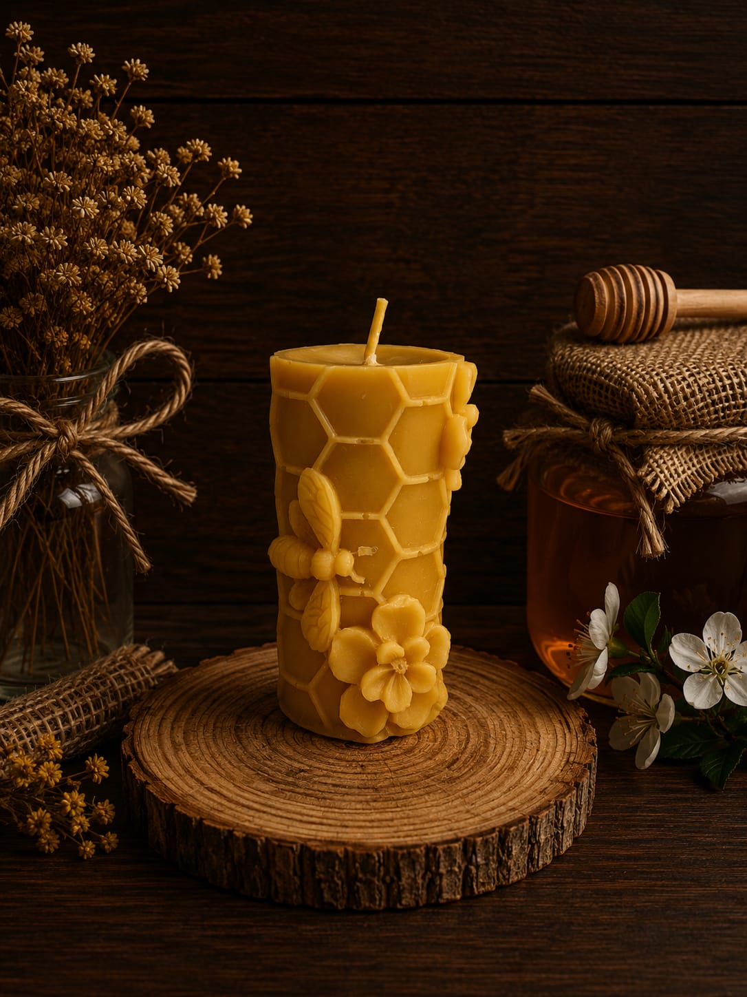 Honeycomb Column with Bee Candle